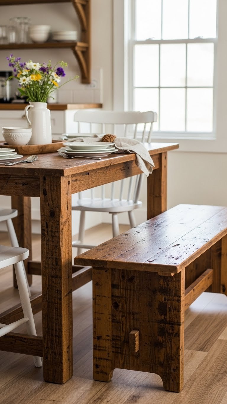 Cozy rustic kitchen nook featuring a reclaimed wood dining table with bench seating, wildflowers, and soft natural lighting.