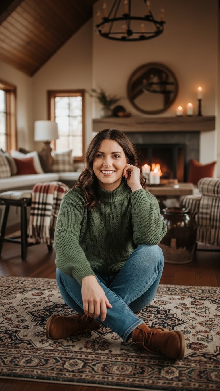 Cozy rustic kitchen with rich wood vaulted ceiling, warm textiles, comfortable seating, and ambient table lamp lighting.