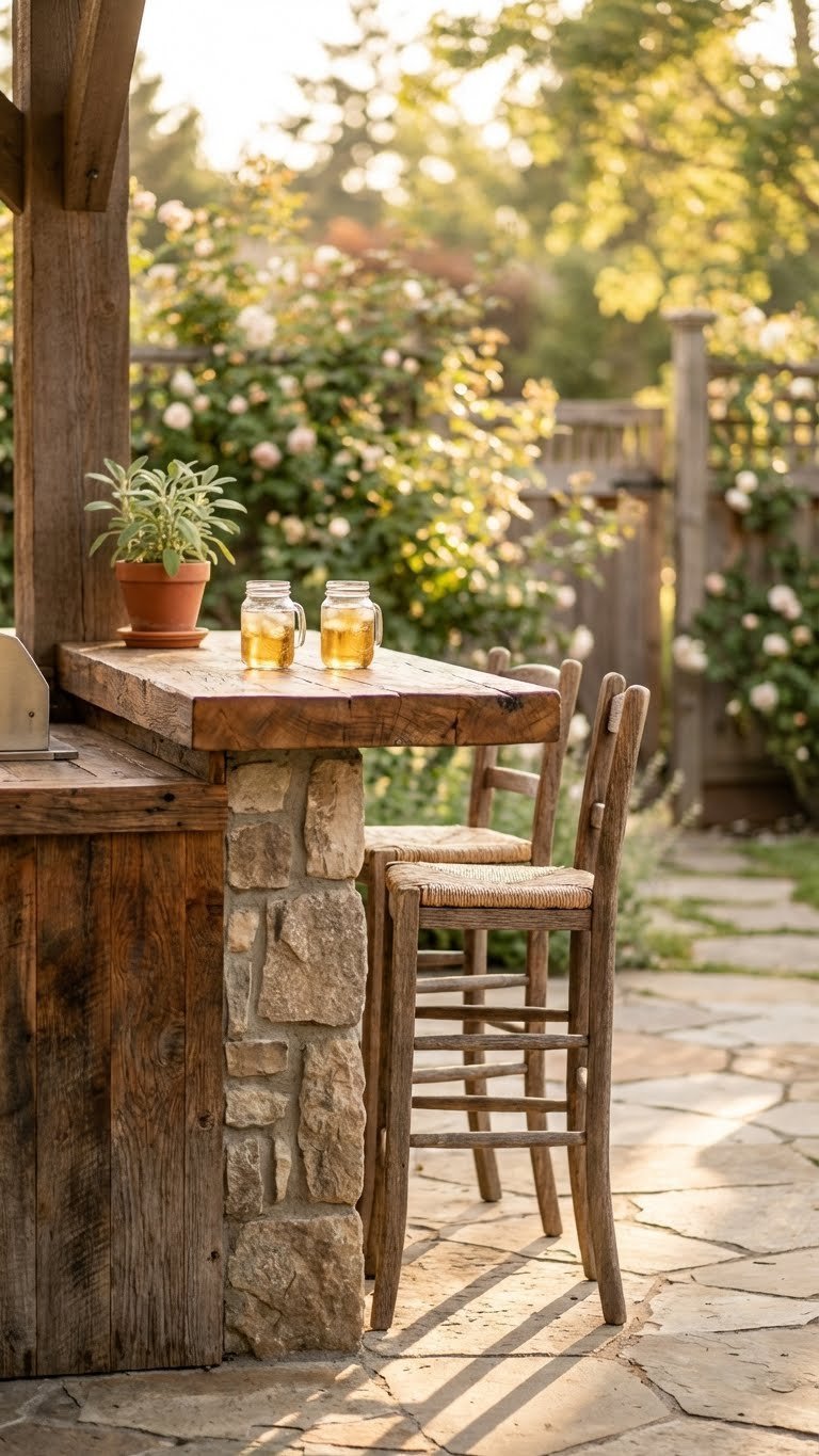 Cozy rustic outdoor kitchen bar with reclaimed wood countertop and fieldstone base at golden hour with bar stools and mason jars.
