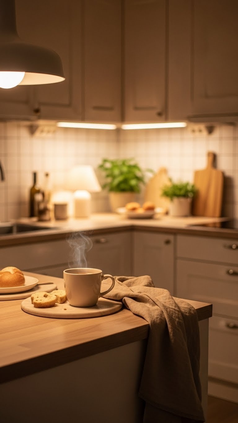 Cozy scandi kitchen corner with layered ambient lighting creating warm hygge atmosphere
