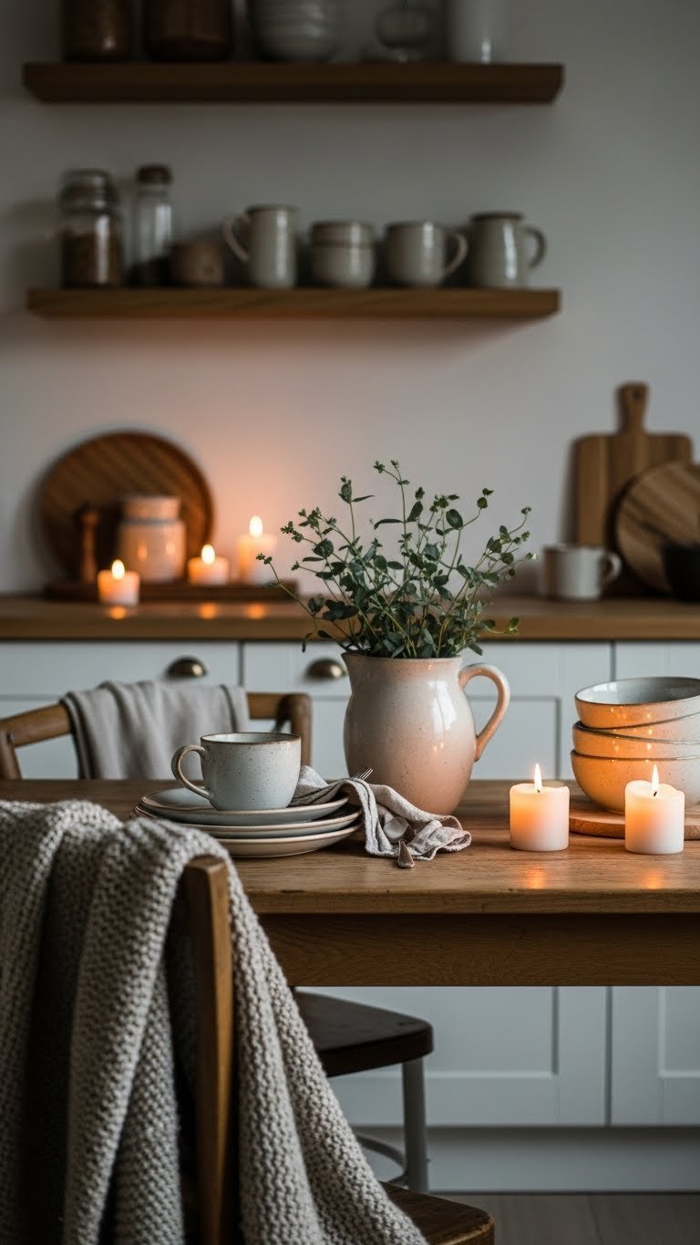 Cozy scandi kitchen corner with light oak shelving featuring hygge textiles and warm ambient lighting
