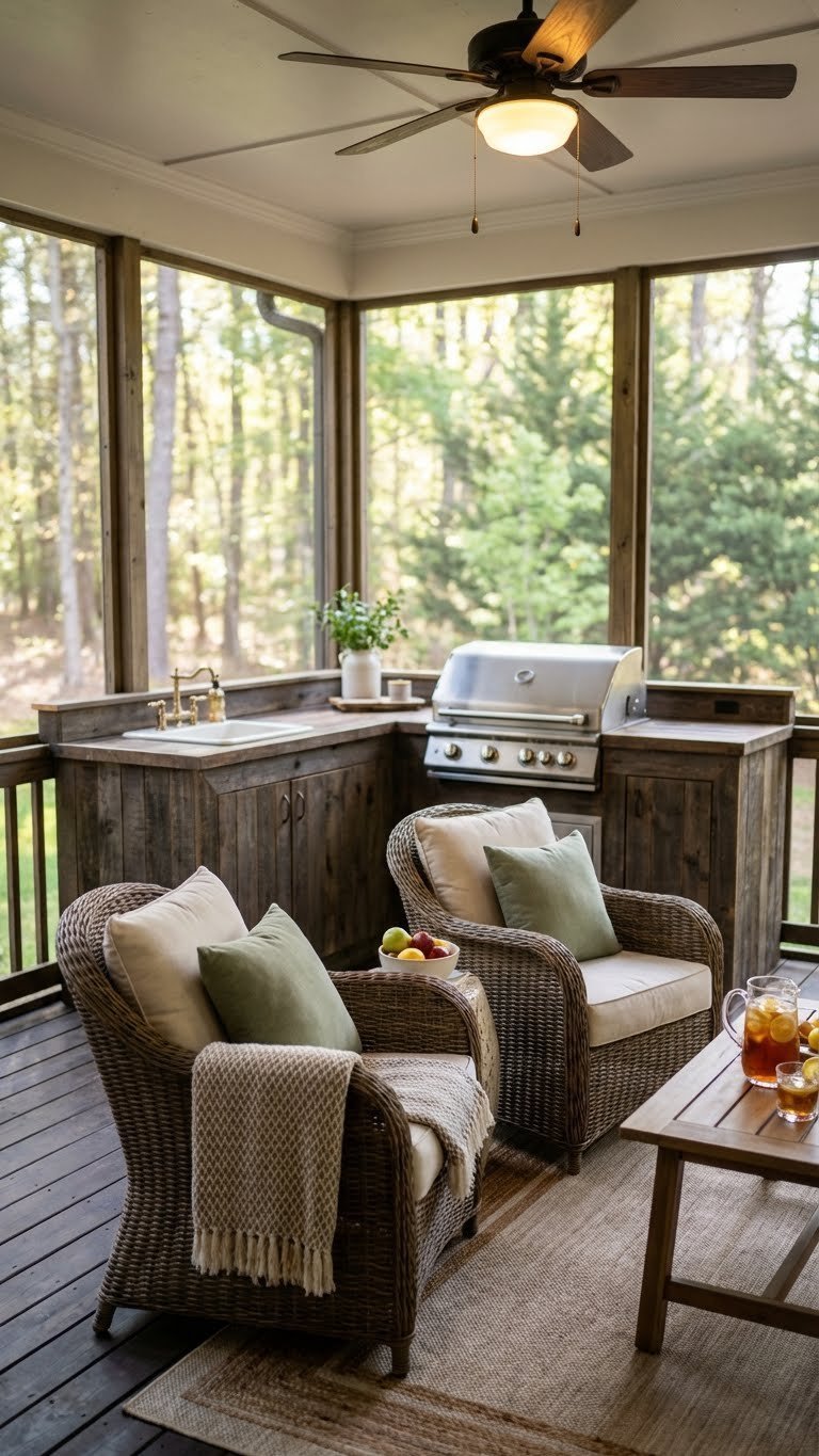 Outdoor Kitchen Enclosed Design Ideas For Year Round Use 7 Cozy screened-in porch outdoor kitchen with wicker furniture, compact grill setup, and forest backdrop for bug-free entertaining