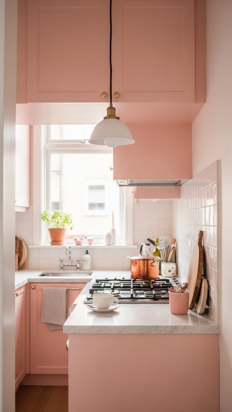 Proven Pink Small Kitchen Ideas: 9 Ways To Maximize Space 17 Cozy small kitchen with blush pink walls and cabinetry illuminated by warm pendant lighting.