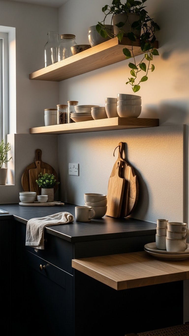 Cozy small kitchen with matte black countertops, honey-toned floating wood shelves, and warm golden hour lighting