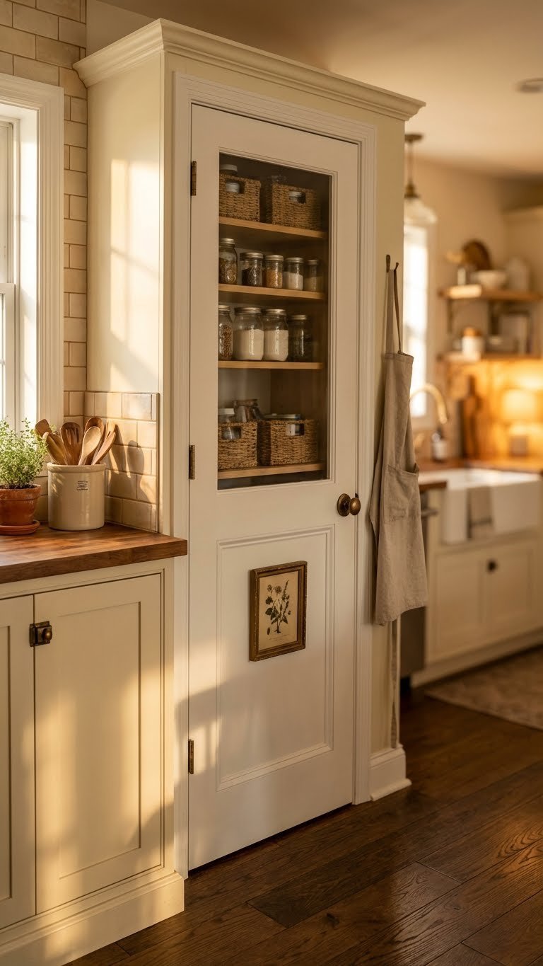 Cozy traditional kitchen features a classic white half glass pantry door with antique bronze hardware, revealing an organized shelf on a dark wooden floor.