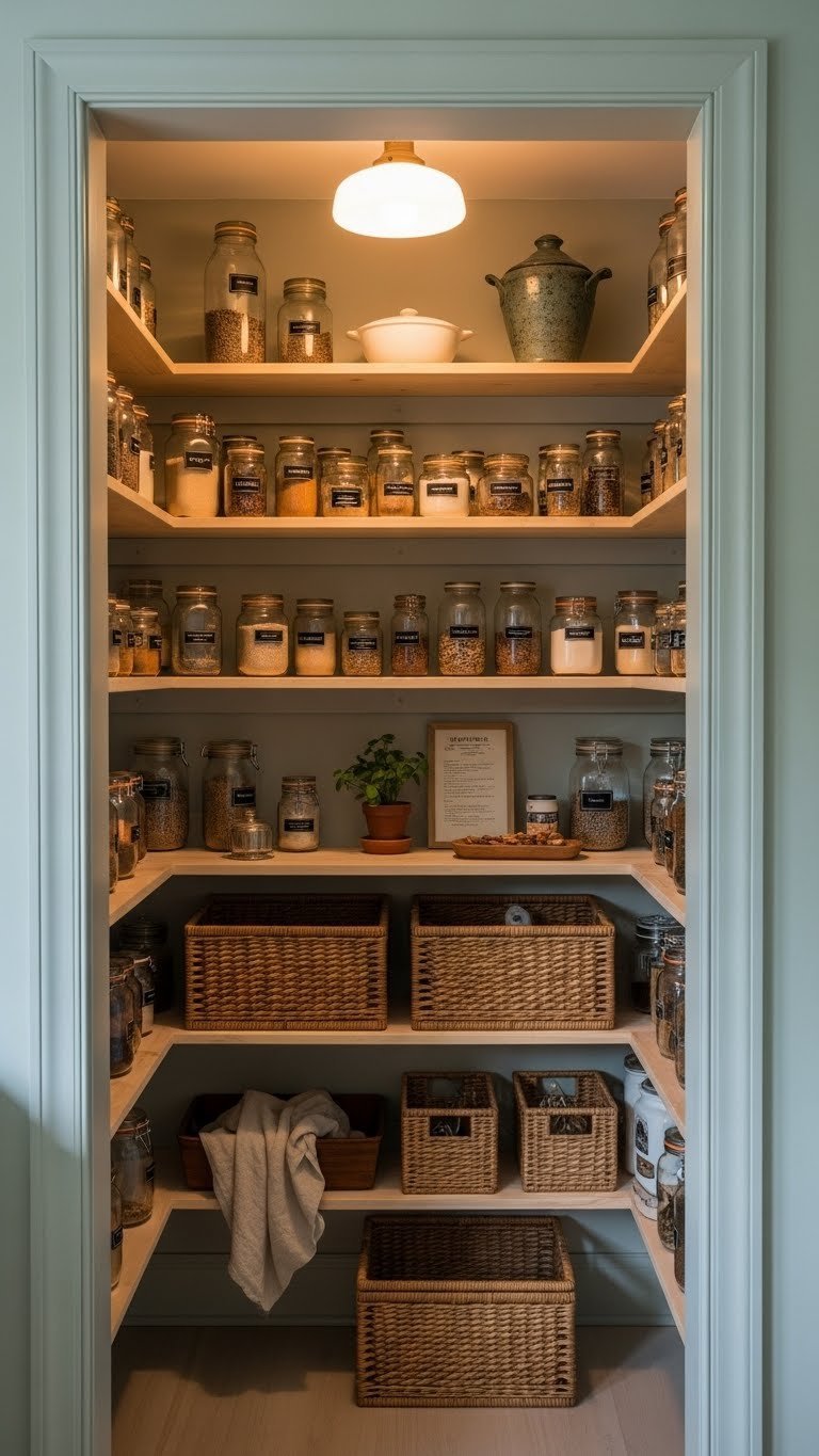 Cozy walk-in vintage larder with floor-to-ceiling wooden shelves, labeled glass jars, wicker baskets, and a warm pendant light.