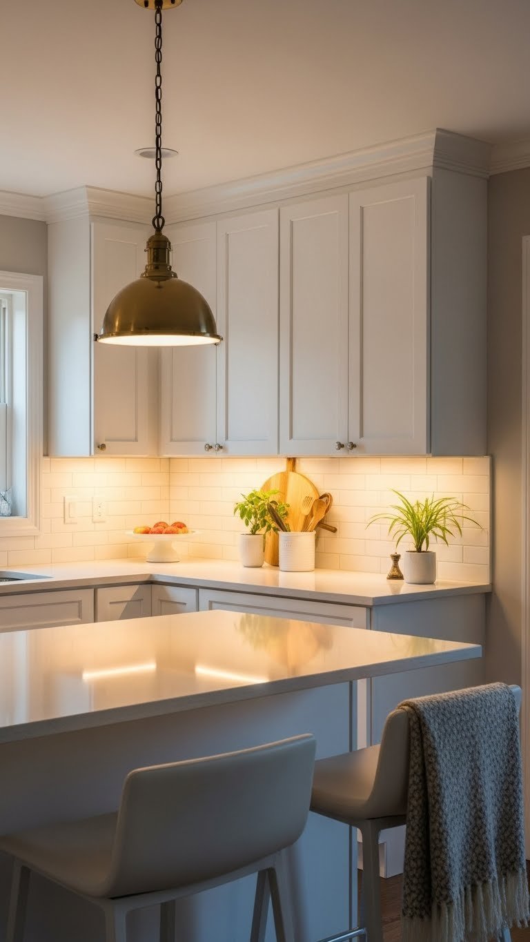 Cozy white kitchen with under-cabinet and pendant lighting creating warm ambiance over quartz countertop at dusk