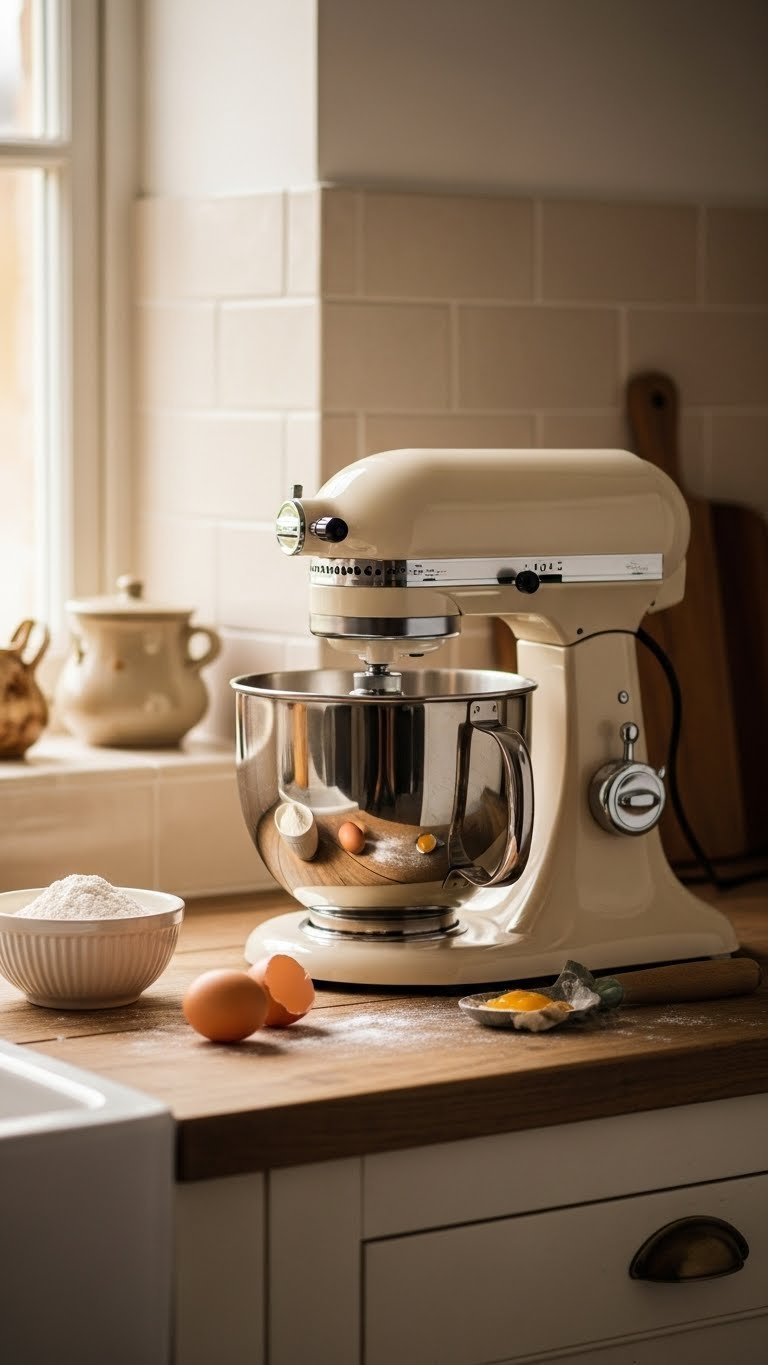 Cream artisan stand mixer on rustic wooden counter with flour bowl and eggs in Tuscan kitchen setting