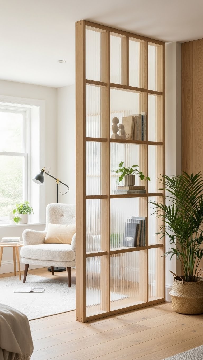Creative room divider: open-shelf partition defines cozy reading nook in open living. Armchair, lamp, natural wood, warm creams.