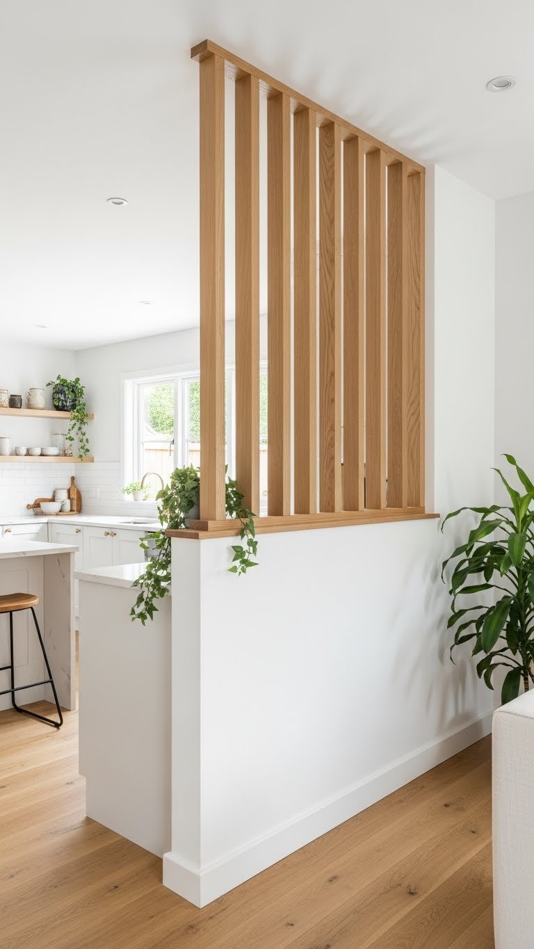 Creative room divider: vertical wood slats subtly separate kitchen & living room. Natural wood, white tones, elegant open plan.