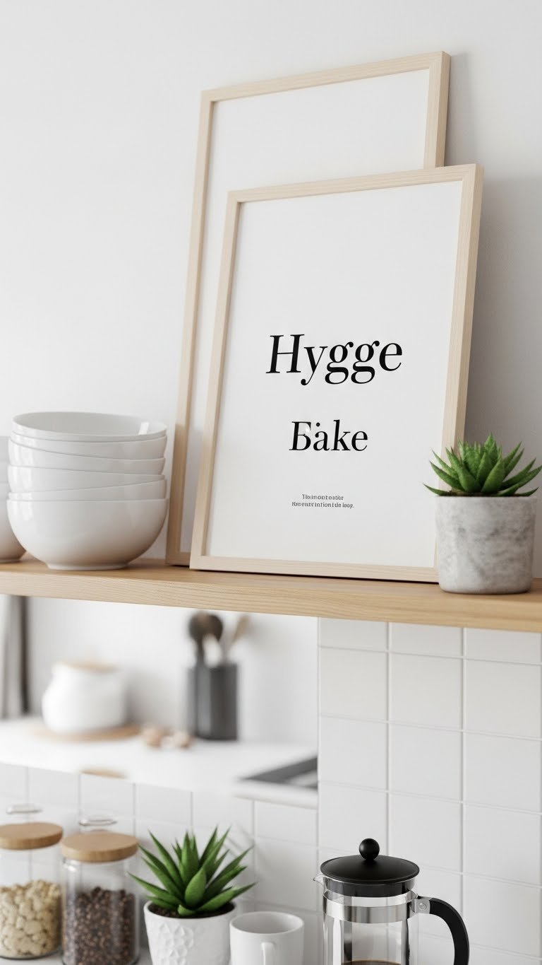 Scandi Kitchen Artwork: 11 Essential Ideas For A Cozy Home 5 Crisp minimalist typographic print on white background displayed on light wood kitchen shelf with soft bokeh background