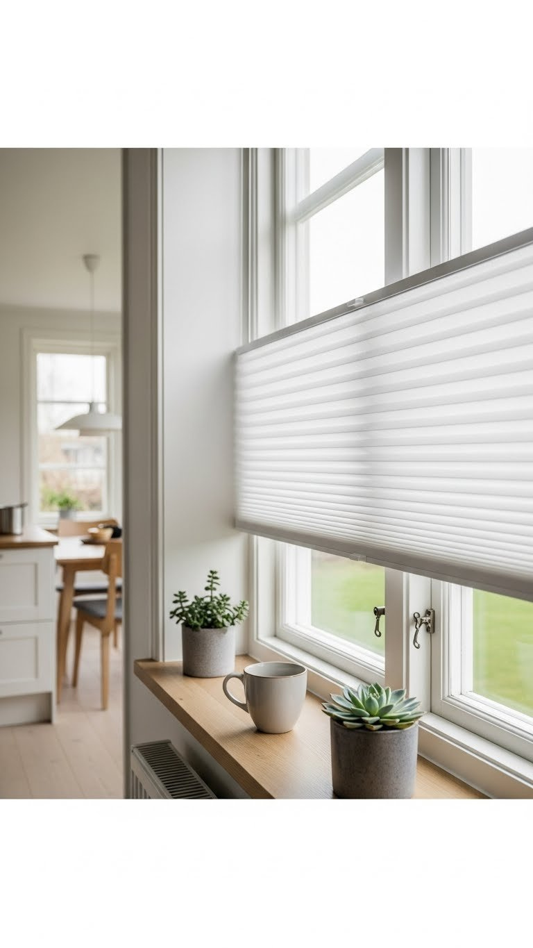 Crisp off-white pleated blinds neatly folded at top of window overlooking serene Scandinavian kitchen with minimalist breakfast nook