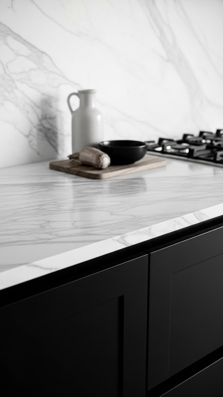 Dark Kitchen Aesthetic Secrets To Chic Home Design 7 Crisp white marble countertop with natural veining contrasts against inky black cabinetry in a modern dark kitchen. Clean design.