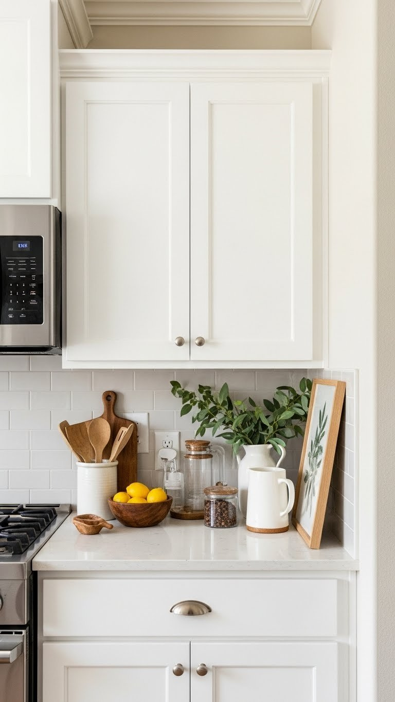 Small Kitchen Ideas: 7 Genius White Cabinet Looks To Warm Up Your Space 11 Crisp white shaker cabinets with greige walls and quartz countertop featuring wooden bowl of lemons and coffee maker