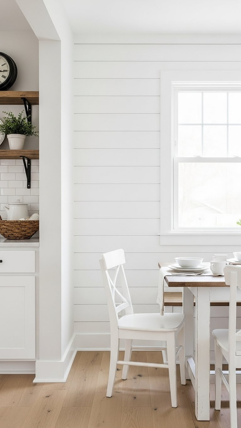 Crisp white shiplap paneling in a rustic kitchen nook with farmhouse decor and natural daylight illumination.