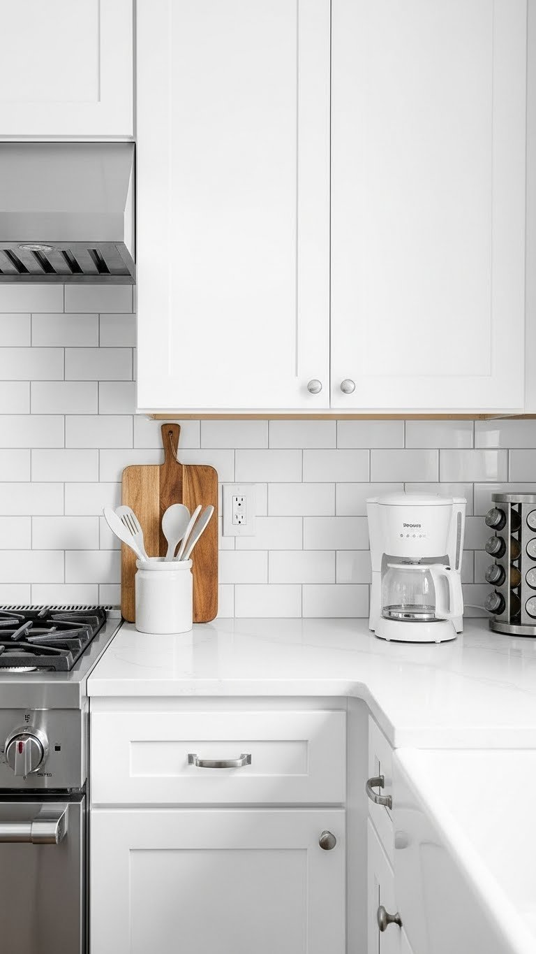 Crisp white subway tile backsplash extending to shaker cabinets with clean horizontal lines and natural light