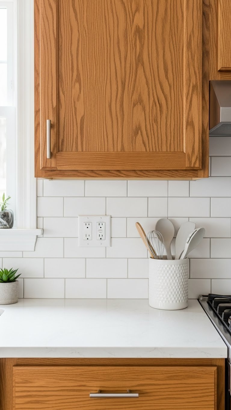Crisp white subway tile backsplash with grey grout extending between oak cabinets and countertop