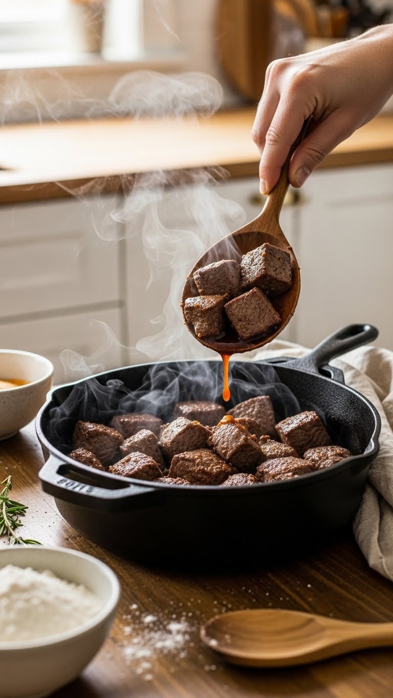 The Secret To A Melt In Your Mouth Venison Stew Recipe 1 Cubed venison seared in cast iron Dutch oven with steam rising