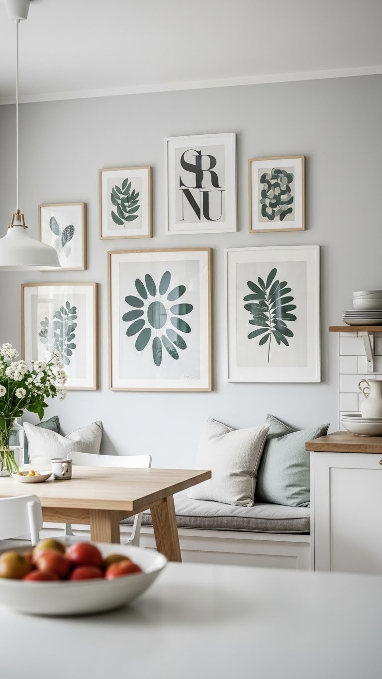 Curated Scandinavian gallery wall with diverse art pieces arranged asymmetrically above kitchen banquette with varying frames