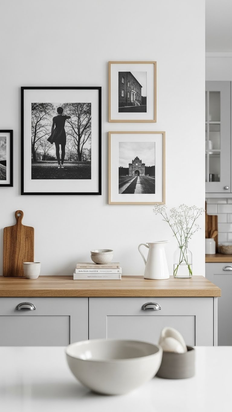 Scandi Kitchen Artwork: 11 Essential Ideas For A Cozy Home 9 Curated collection of black and white photographs in contrasting frames arranged as gallery wall on white scandi kitchen wall