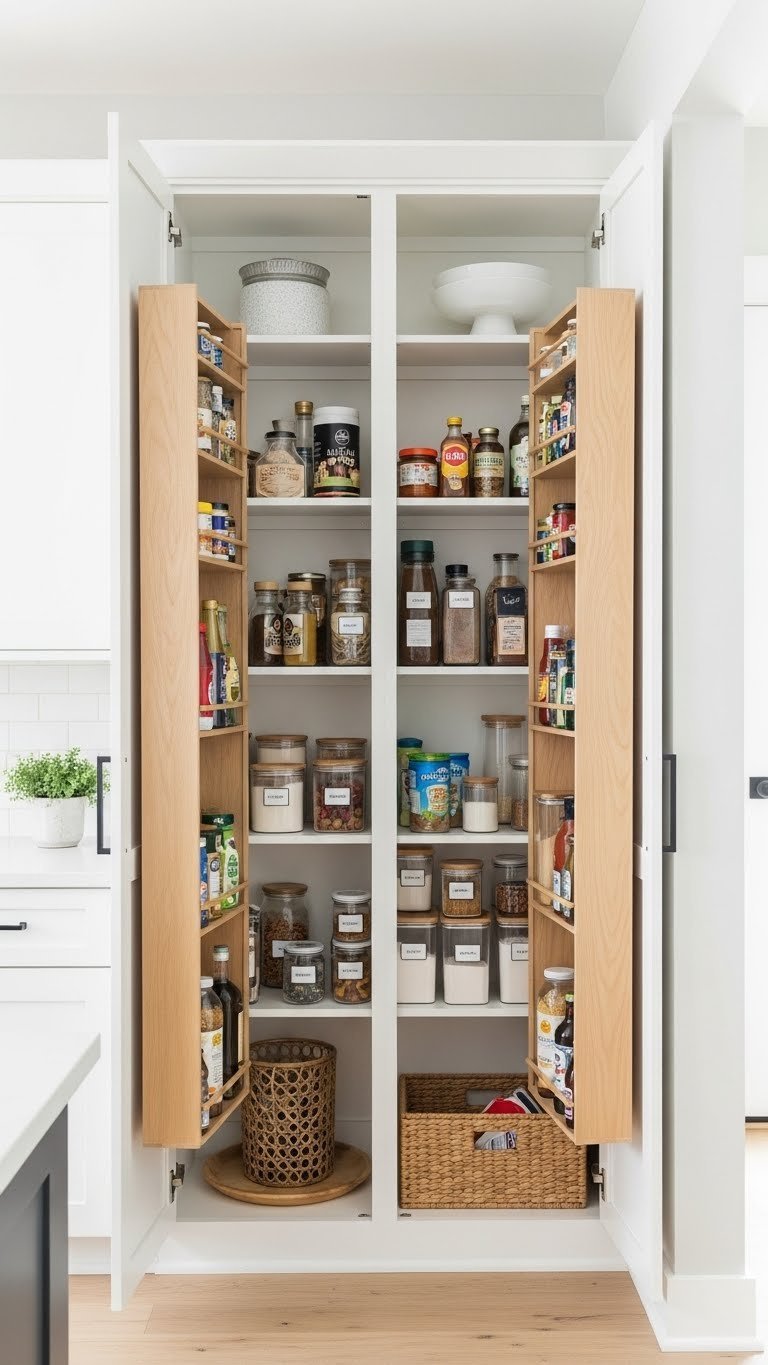 11 Smart Kitchen Cabinet Pantry Ideas For Ultimate Organization 17 Custom DIY pantry cabinet with built-in shelving showcases diverse, organized pantry staples in a modern light-colored kitchen.