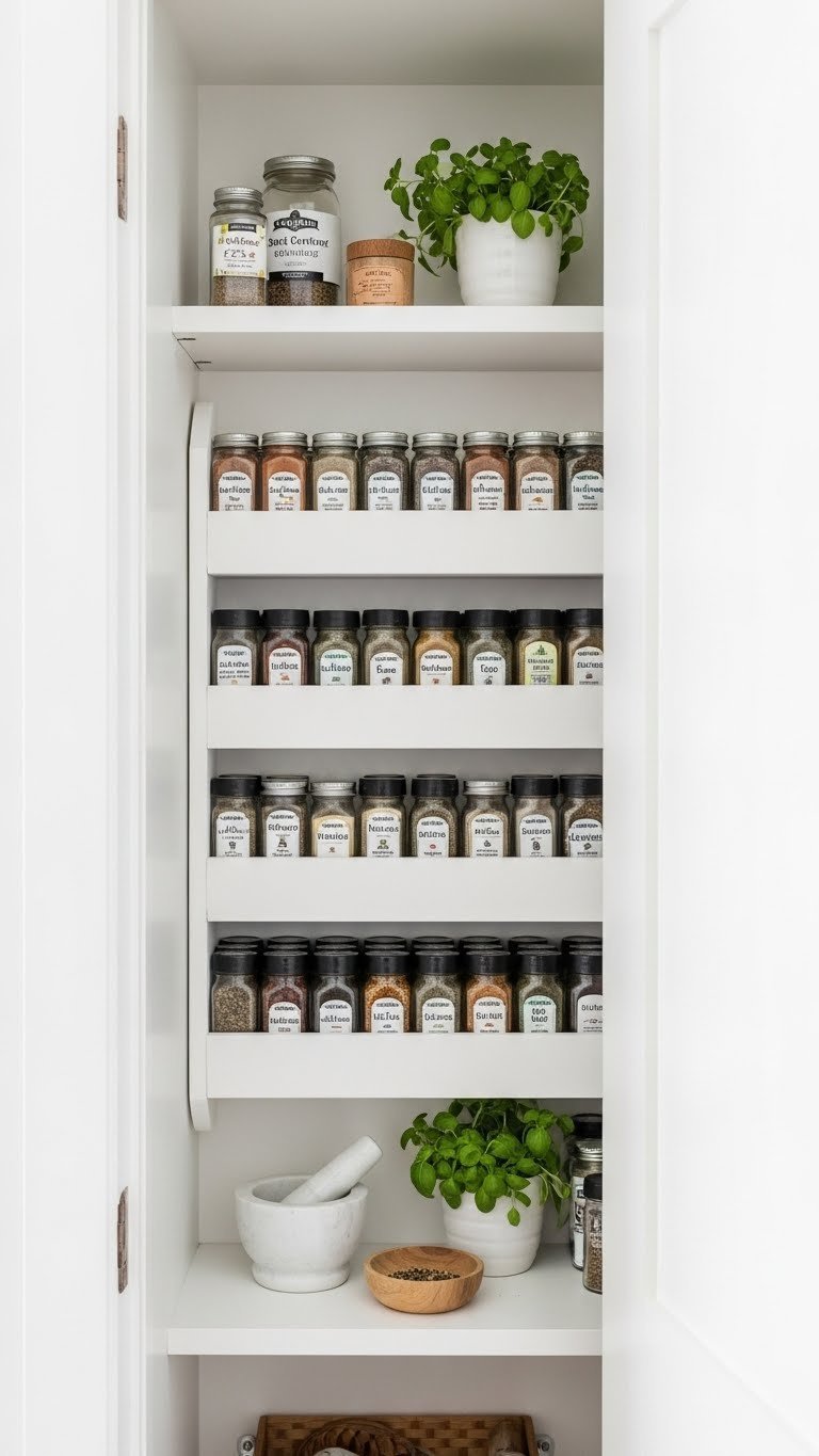 11 Pantry Closet Ideas: Transform Small Spaces, Organize Smarter 13 Custom DIY tiered wooden spice rack, white, with labeled spice jars for efficient and elegant pantry organization.