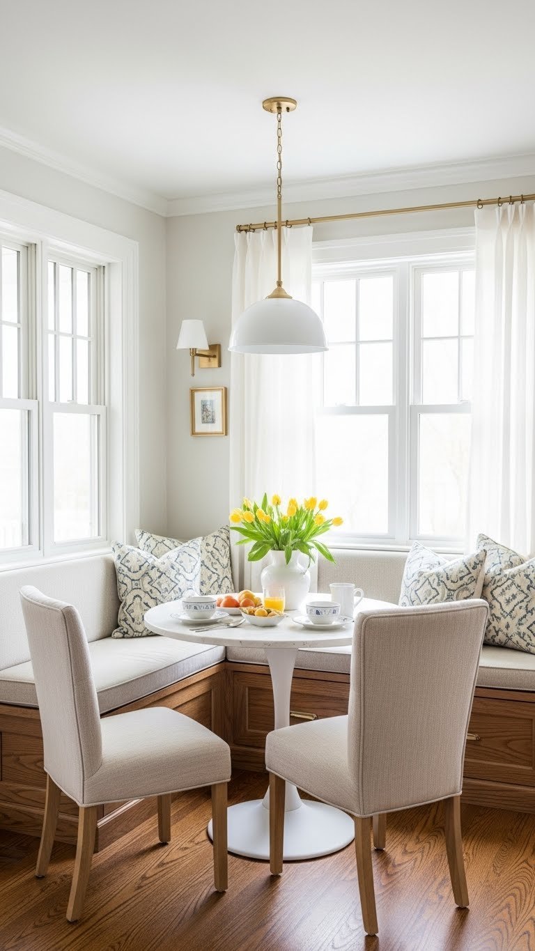 Custom L-shaped corner banquette seating with upholstered cushions and hidden storage paired with round table in cozy kitchen