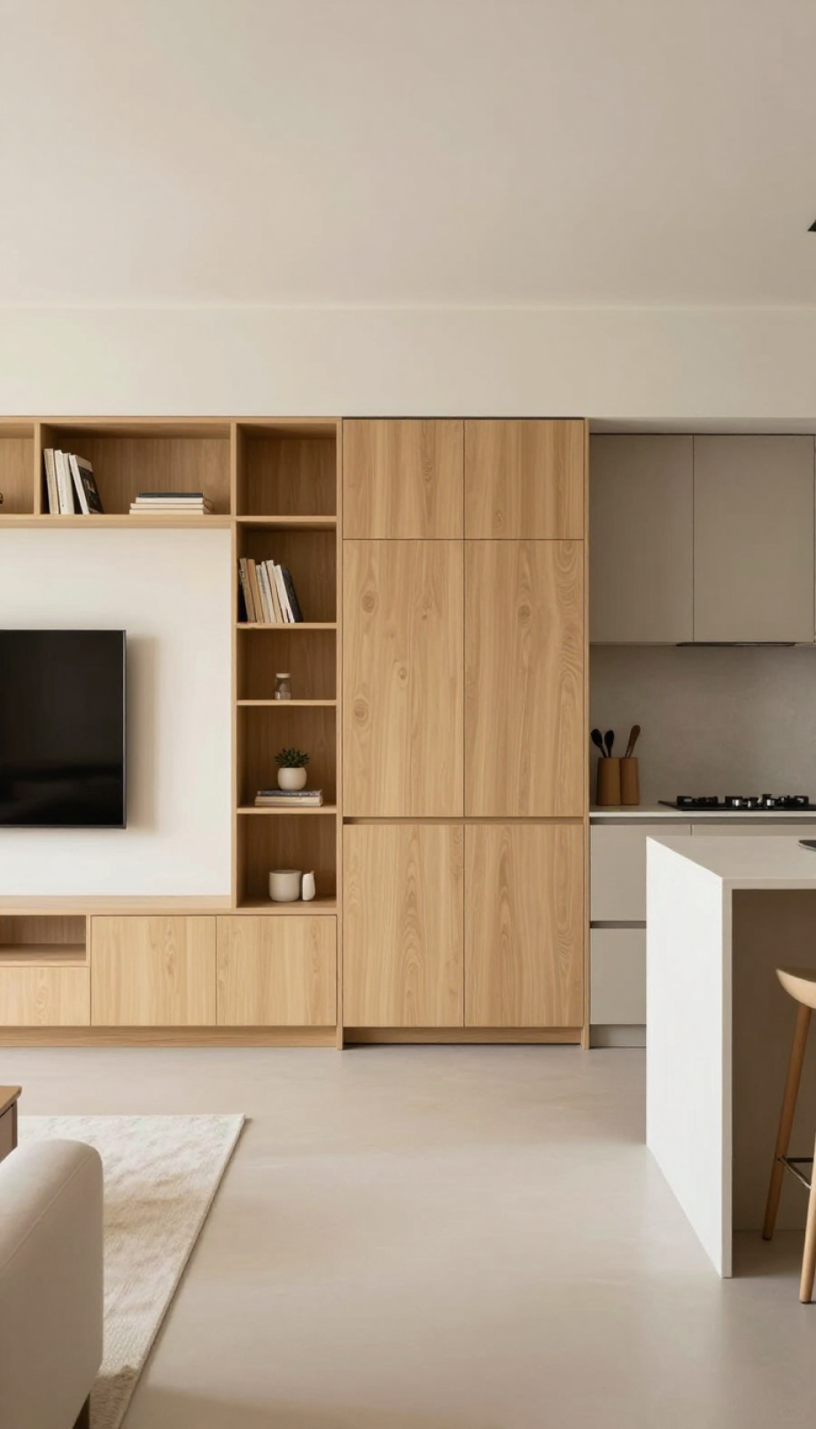 Small Kitchen Living Room Combo: 9 Genius Design Ideas 11 Custom built-in entertainment unit seamlessly transitioning into integrated kitchen cabinetry with handle-less designs