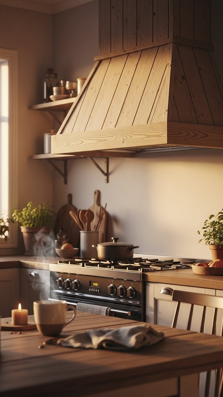 Custom-built range hood enclosed in natural reclaimed wood creating warm hygge atmosphere.