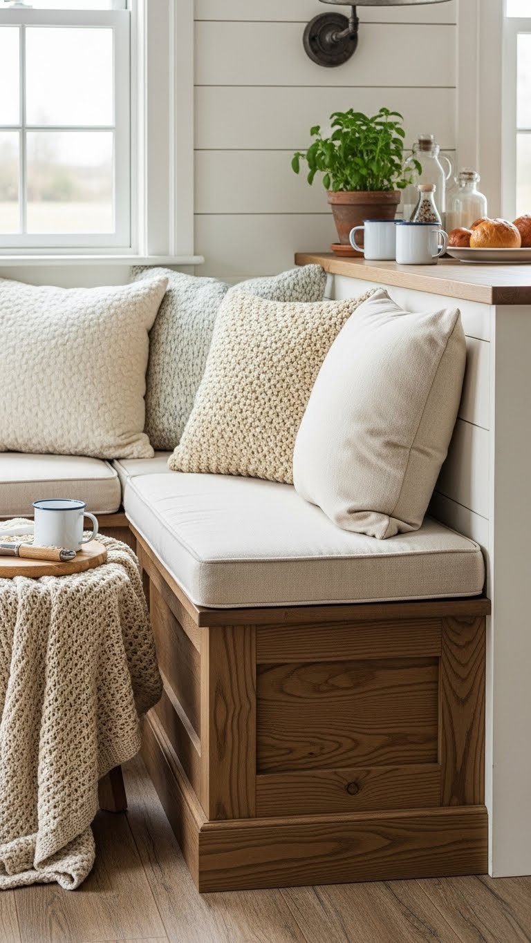 Custom-built rustic kitchen banquette seating with plush cushions against shiplap walls and farmhouse decor.