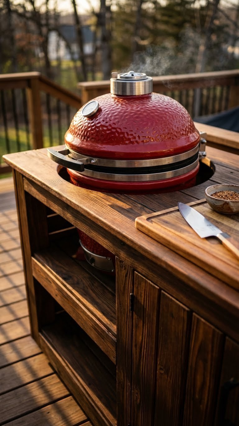 Outdoor Kitchen Island Ideas For Small Spaces With Seating 14 Custom cedar outdoor kitchen table housing vibrant red kamado grill on cozy deck space