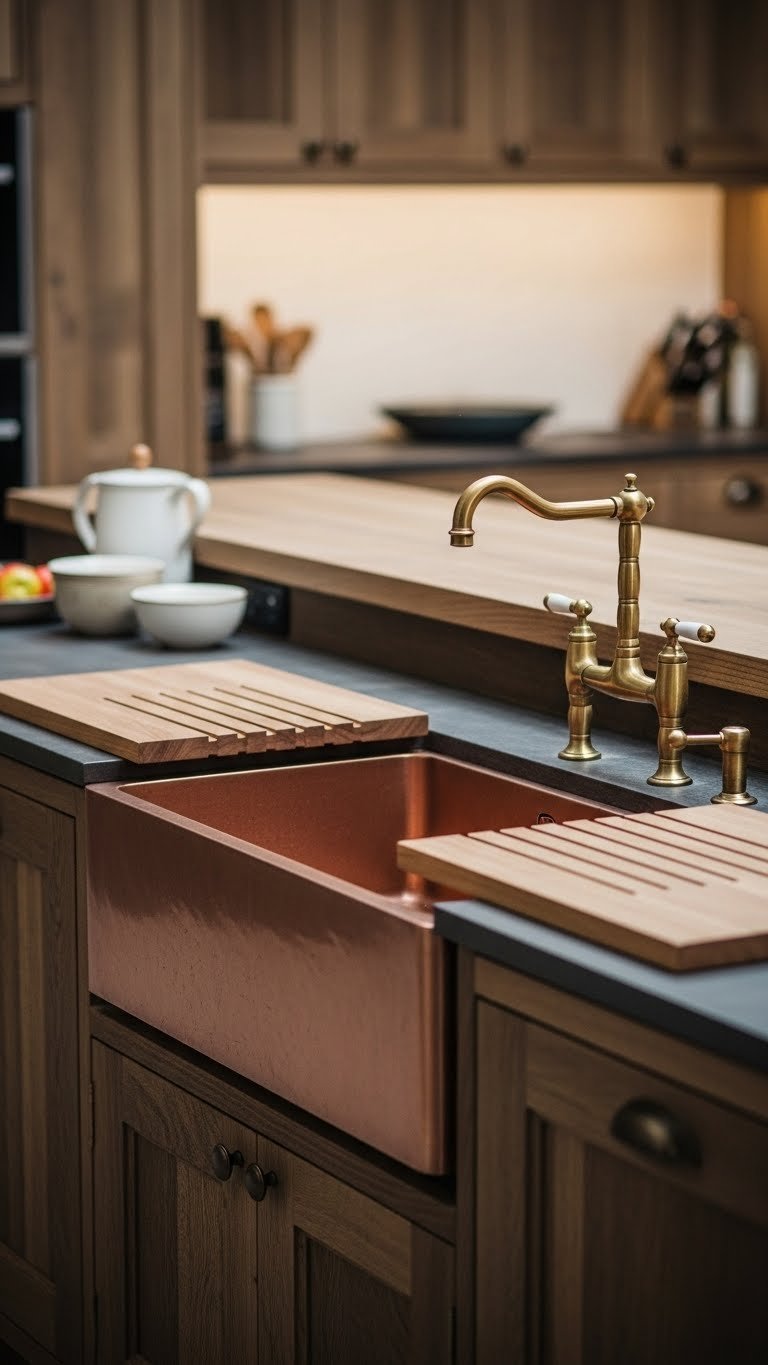 Custom-designed copper sink integrated with bespoke wooden cabinetry and custom brass faucet in modern rustic kitchen