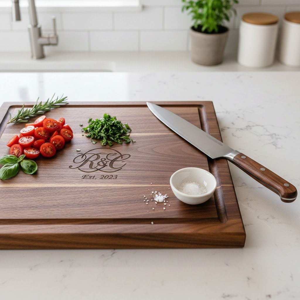 Custom engraved wooden cutting board with fresh herbs on light neutral kitchen countertop