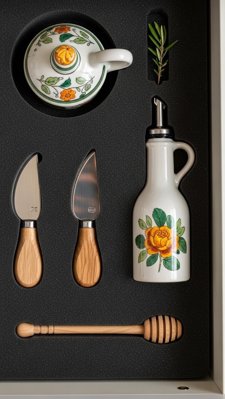 Custom foam insert drawer organization for artisan Italian kitchen gadgets including ceramic oil dispenser and olive wood tools