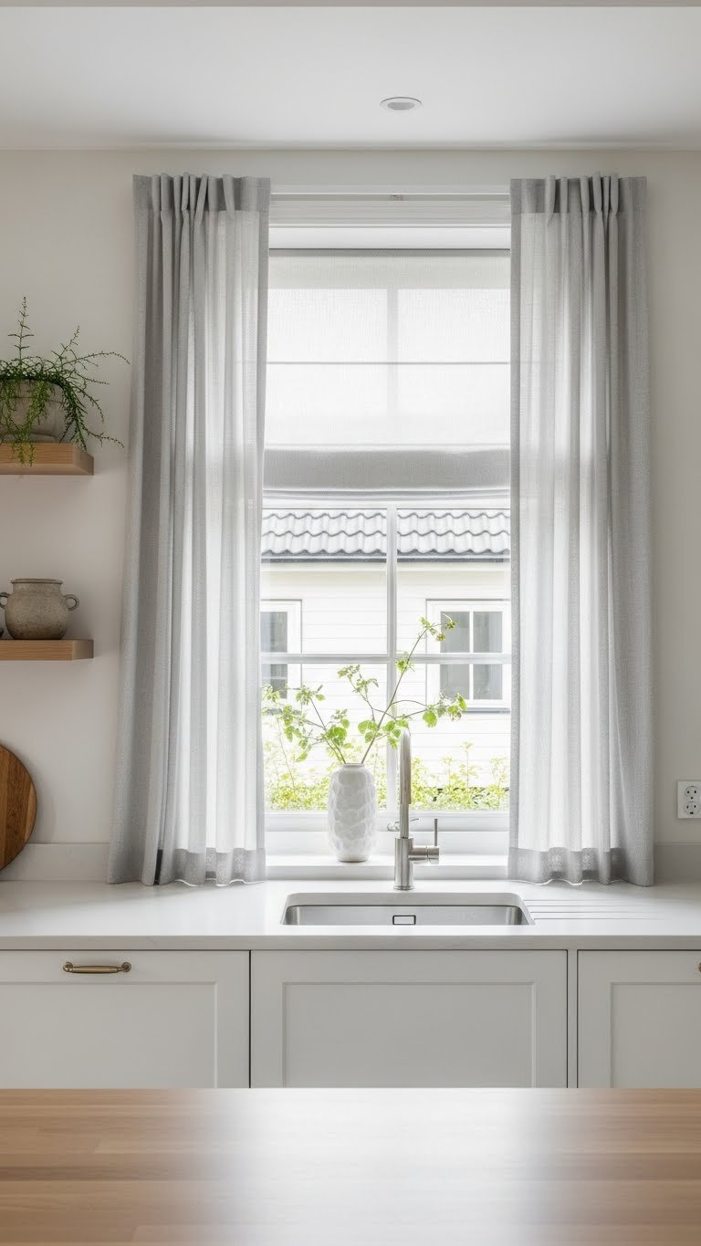 Custom-length linen curtains perfectly fitted to unusual window shape in bespoke Scandinavian kitchen