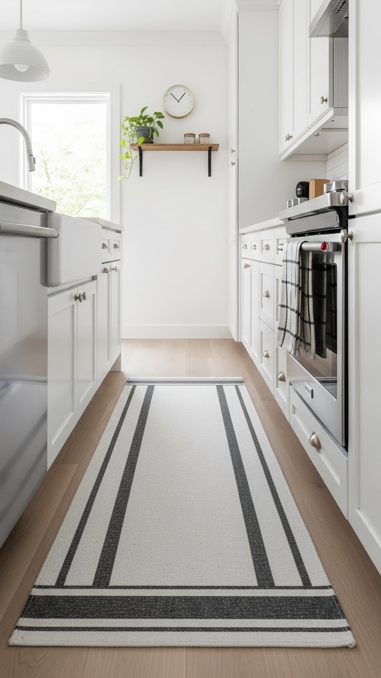 Custom narrow scandi kitchen runner perfectly fitted in long galley kitchen with white cabinets and wood floor