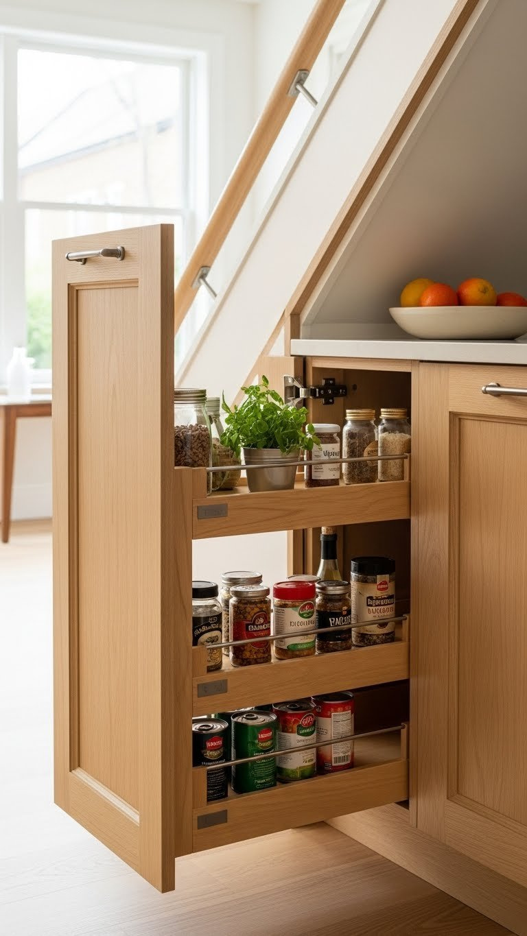 Custom pull-out pantry drawer in under-stair kitchen revealing organized spice racks and canned goods with warm wood cabinetry