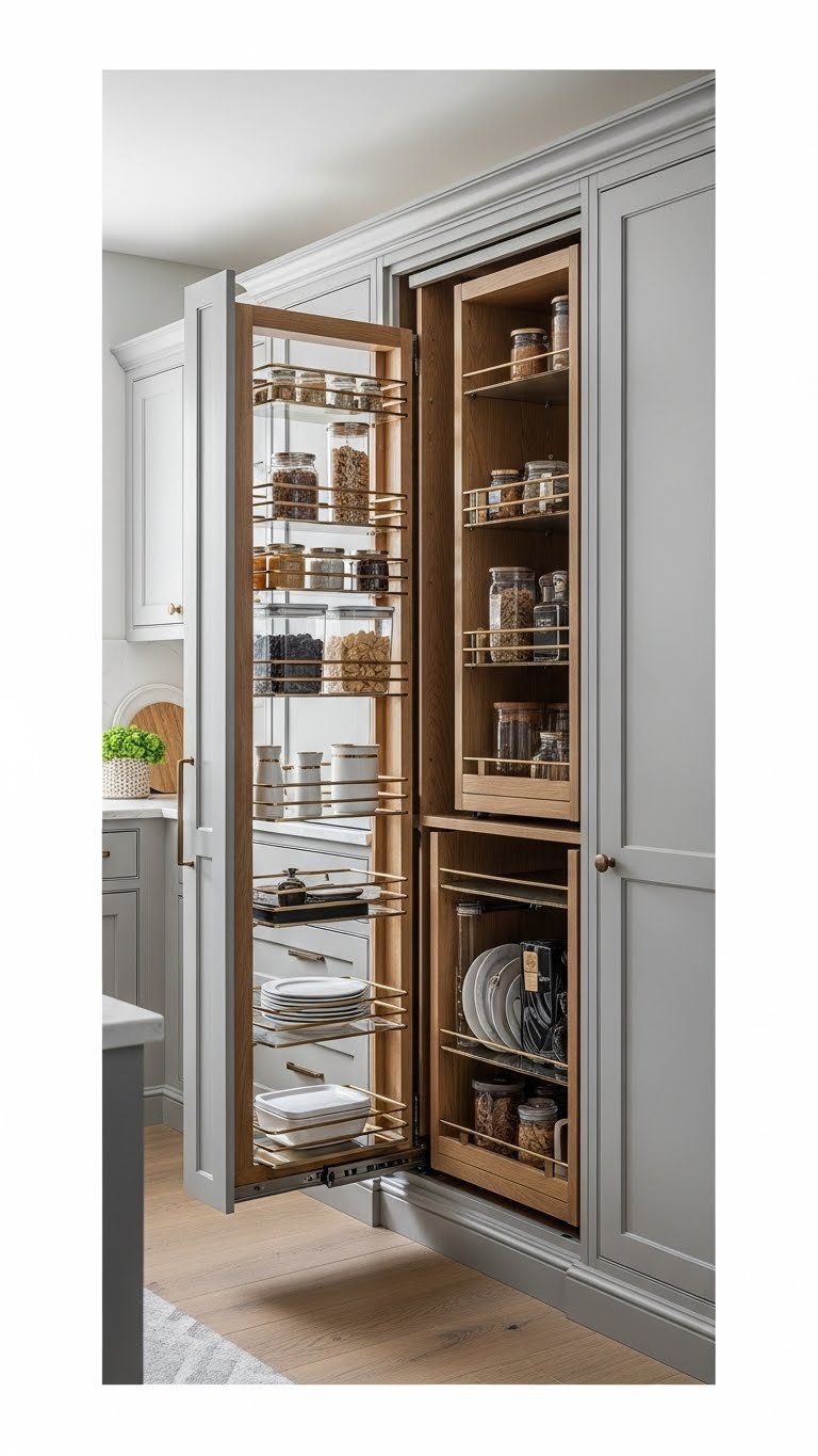 Proven Pull Out Pantry Ideas: Maximize Space In Any Kitchen 13 Custom pull-out pantry, extended with adjustable shelves and clear containers for diverse organization.