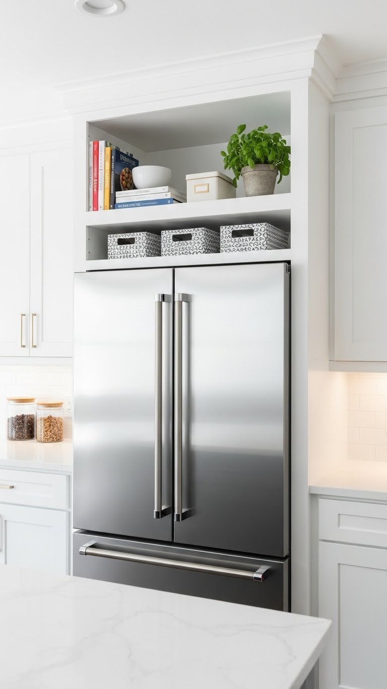 Custom storage shelves above stainless steel refrigerator holding cookbooks and storage boxes with herb plant decoration
