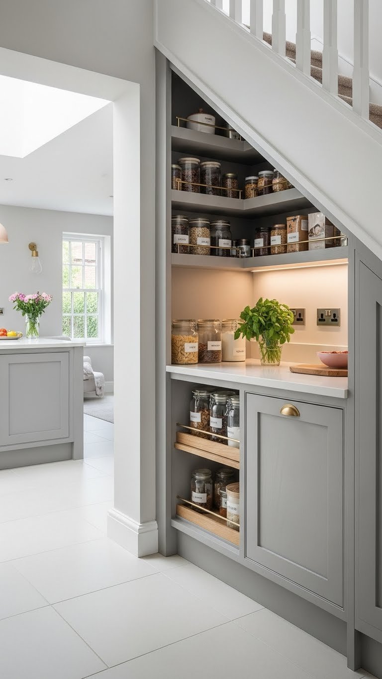 Brilliant Kitchen Pantry Ideas Under Stairs: 11 Space Solutions 3 Custom under-stairs kitchen pantry with bespoke built-in shelving, closed cabinetry, decorative jars, and soft natural light.