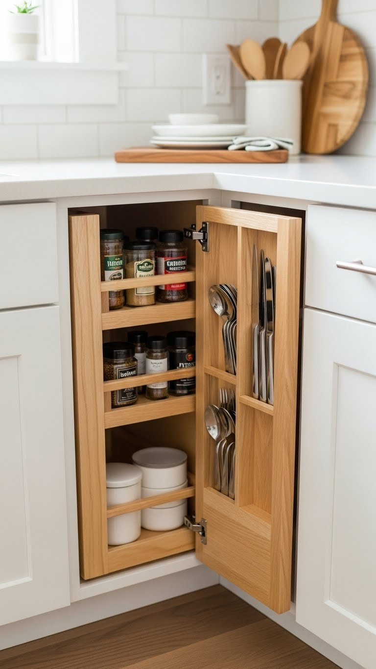 Custom wood cabinet organizers including pull-out spice racks and drawer organizers for efficient small kitchen storage.
