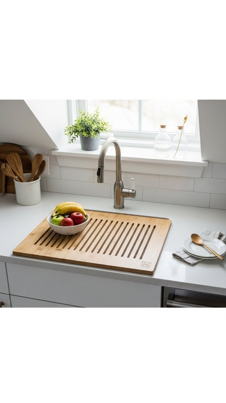 Custom wooden sink cover transforming compact kitchen sink into additional counter space in resourceful attic kitchen