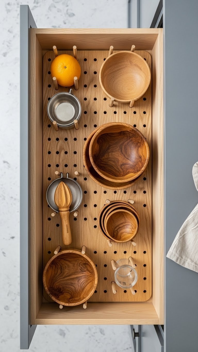 Customizable wooden pegboard system in deep gray drawer holding citrus juicer and olive wood bowl for versatile organization