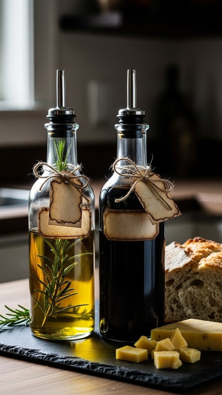 9 Proven Kitchen Gadgets Diy Projects For December 2025 9 DIY aged cruet set with olive oil and balsamic vinegar bottles on slate board with crusty bread in dramatic lighting.