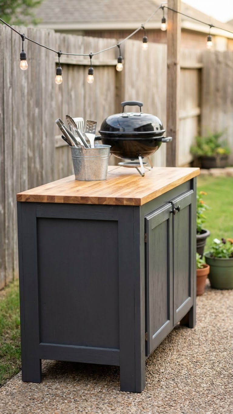 Outdoor Kitchen Cabinets Ideas For Stylish Durable Storage 8 DIY charcoal gray outdoor kitchen cabinet with butcher block countertop on pea gravel patio with string lights.