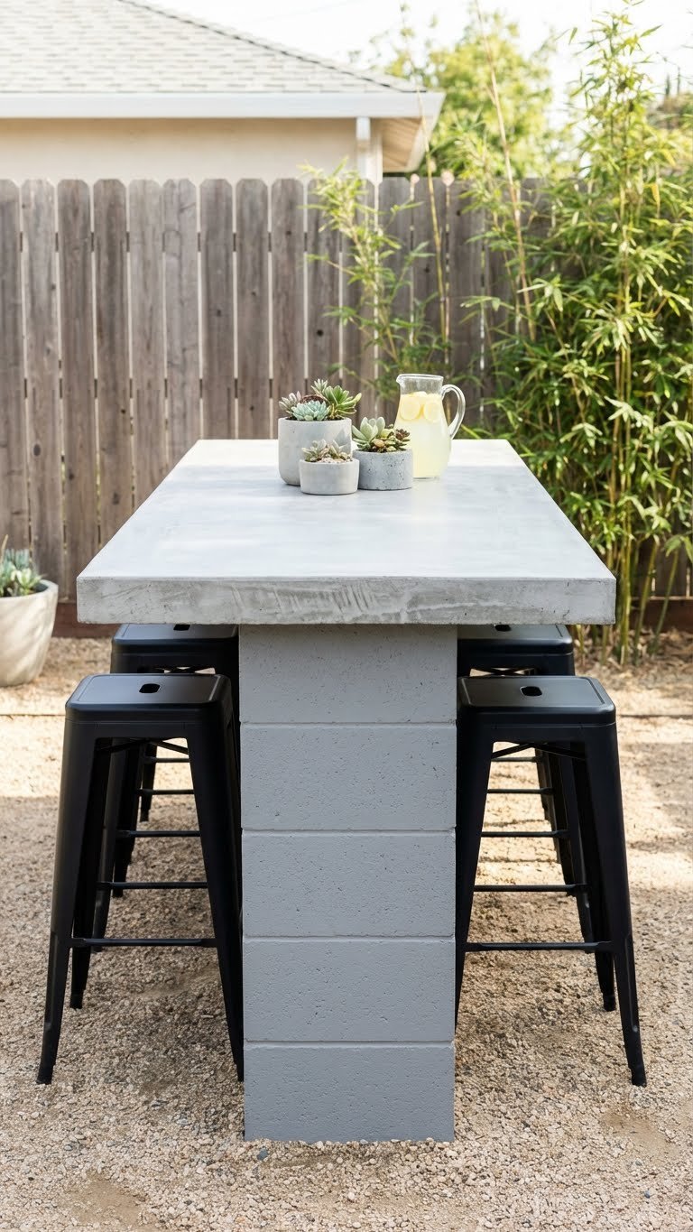 DIY concrete countertop bar on gray cinder blocks with black metal stools on gravel patio