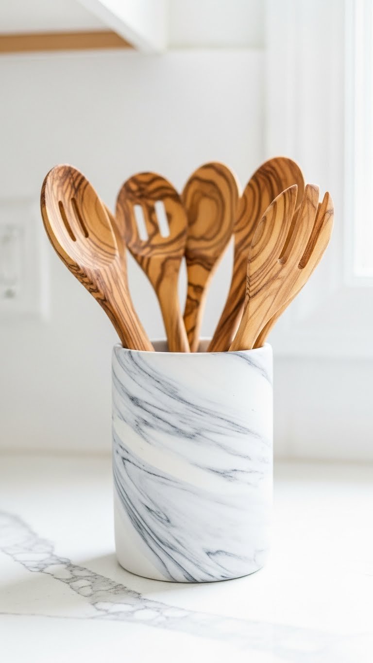 9 Proven Kitchen Gadgets Diy Projects For December 2025 17 DIY faux-marble utensil holder with white and grey pattern containing olive wood utensils on quartz countertop.