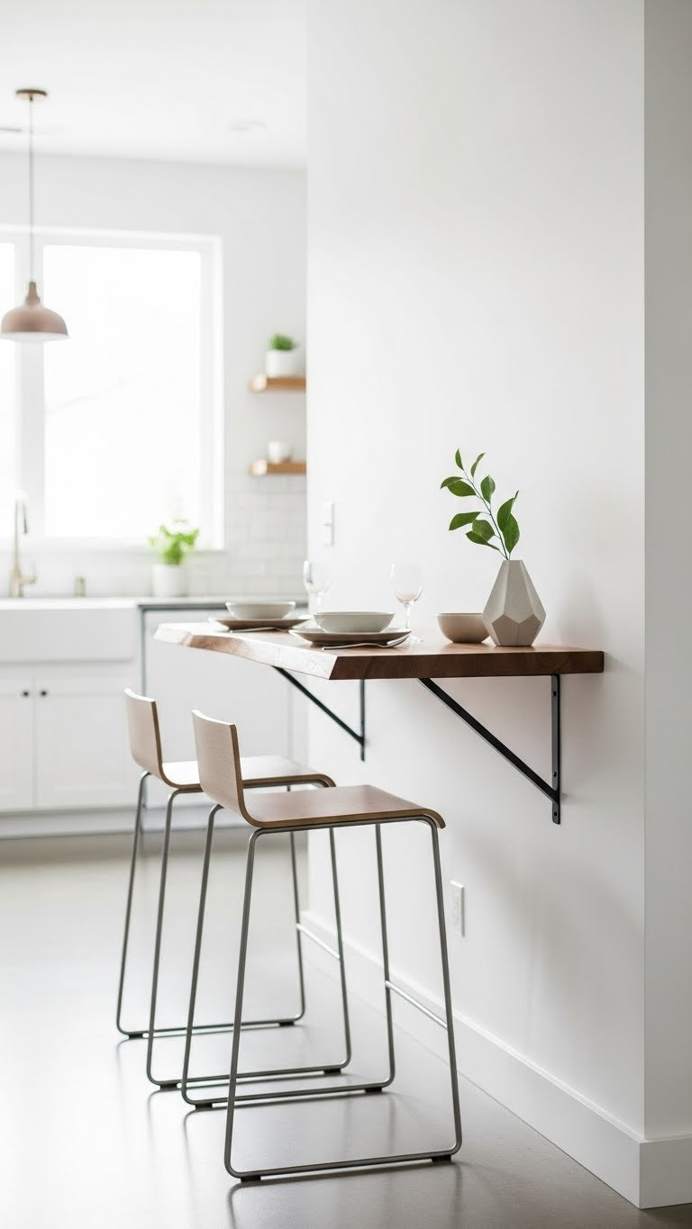 7 Essential Small Kitchen Ideas With Breakfast Bar 11 DIY floating breakfast bar crafted from solid wood slab suspended from white wall with minimalist bar stools.