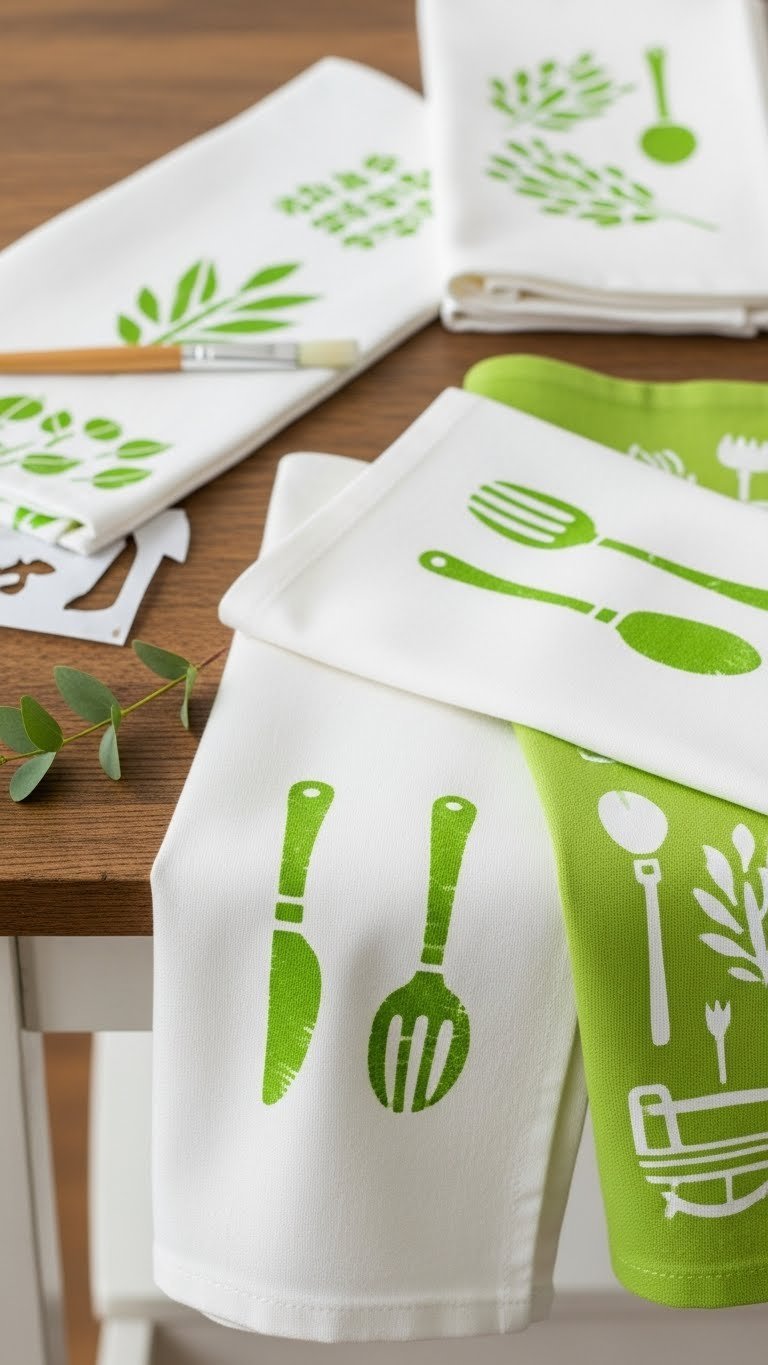 9 Kitchen Hand Towel Gift Ideas: Unique &Amp; Thoughtful 7 DIY hand-painted kitchen towels with botanical patterns displayed on rustic wooden surface.
