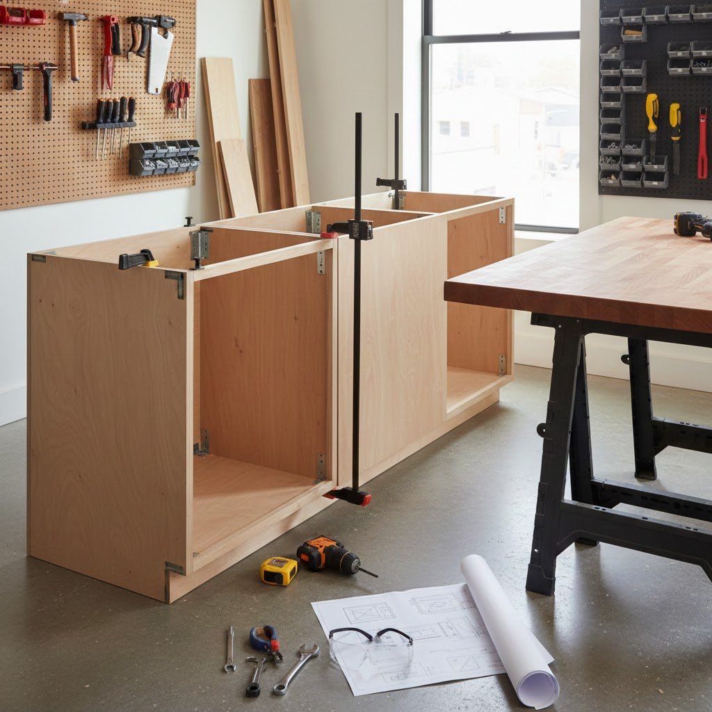 Small Kitchen Island: 7 Proven Ideas To Maximize Space 11 DIY modular kitchen island frame with base cabinets and butcher block top during assembly in workshop setting.